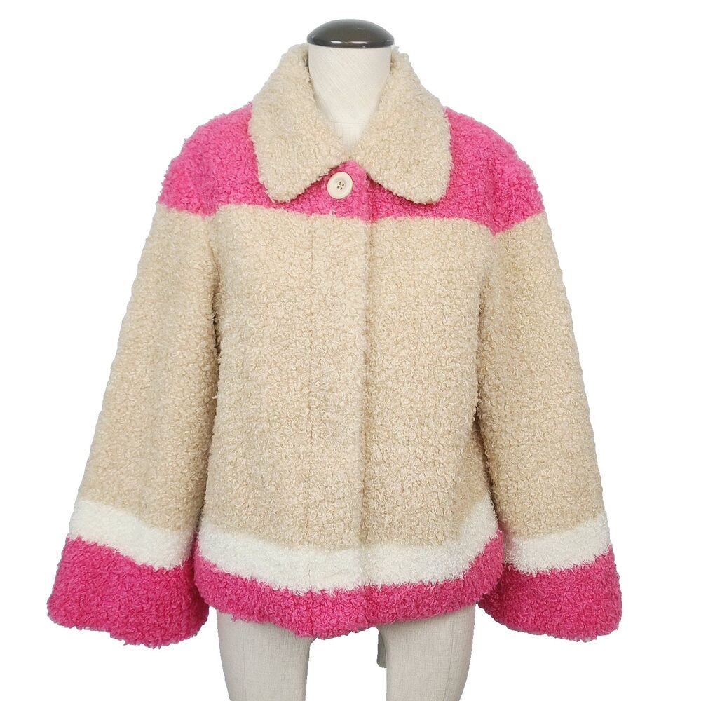 Anthropologie Teddy Coat XS Beige Pink Colorblock Snap Front Faux Fur Jacket‎